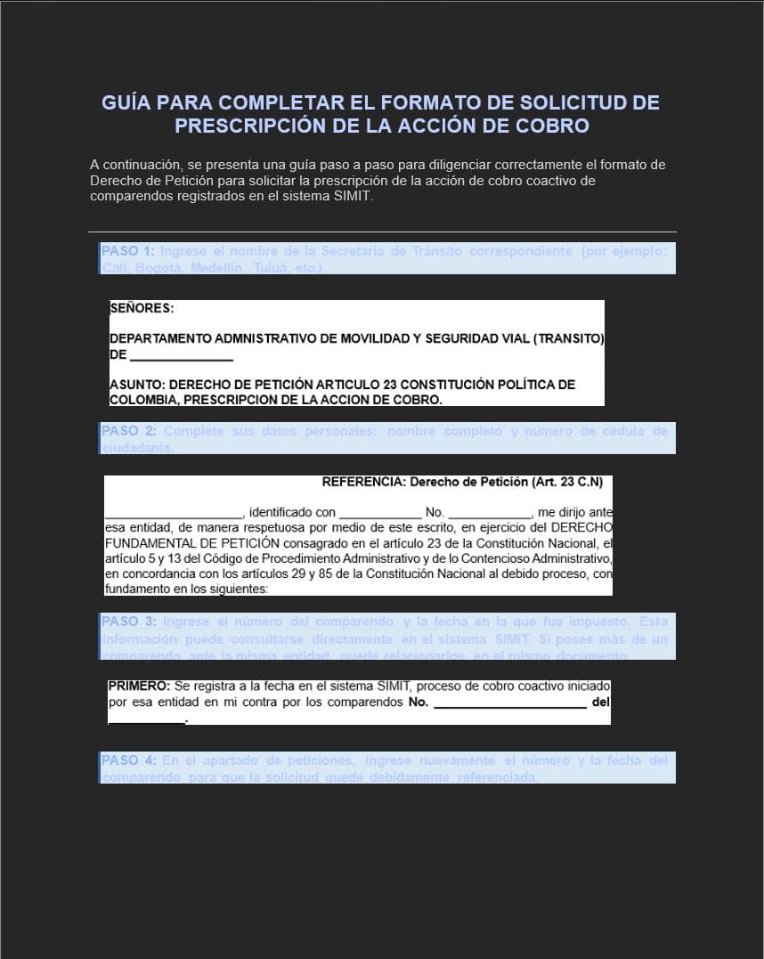 Vista previa de la página 1 de la guía de diligenciamiento — Formato Solicitud de Prescripción de Comparendo