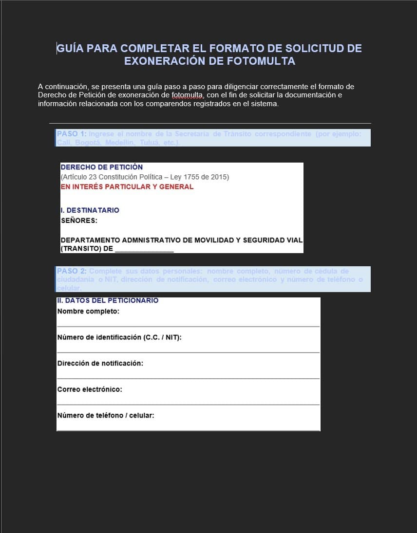 Vista previa de la página 1 de la guía de diligenciamiento — Formato Solicitud de Exoneración de Fotomulta