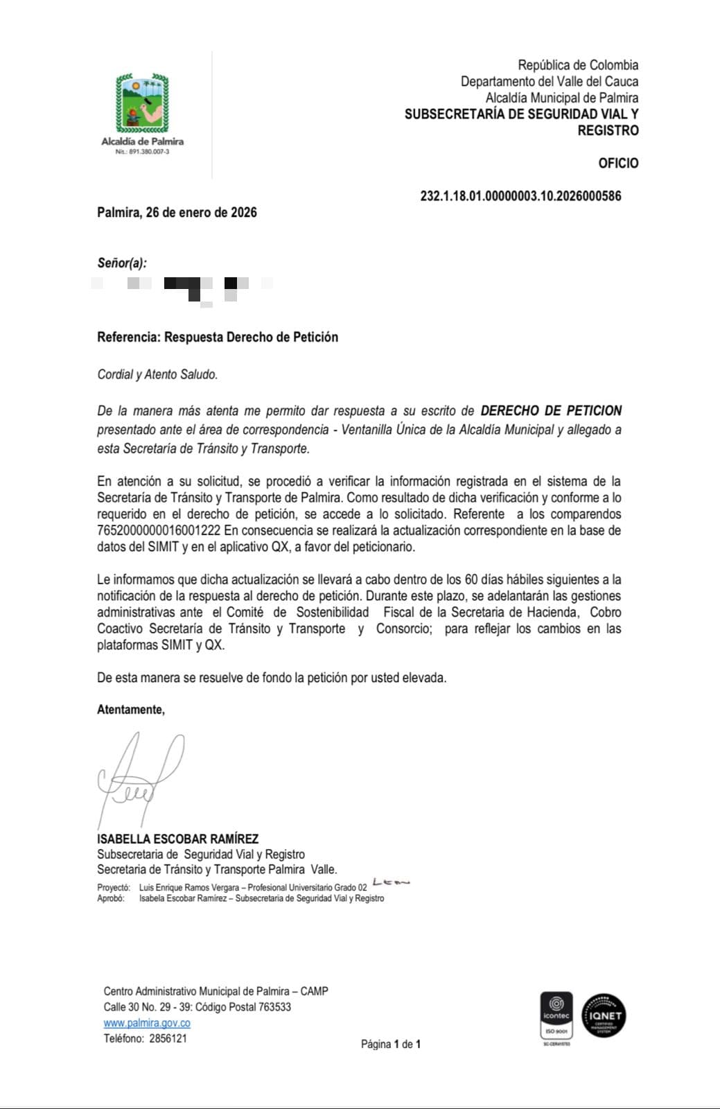 Oficio de respuesta a derecho de petición — Palmira, Valle del Cauca