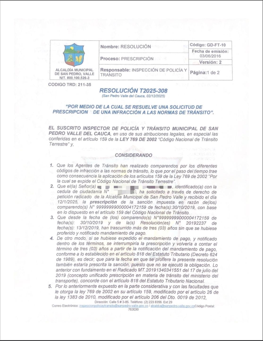 Resolución de prescripción de comparendo — San Pedro, Valle del Cauca