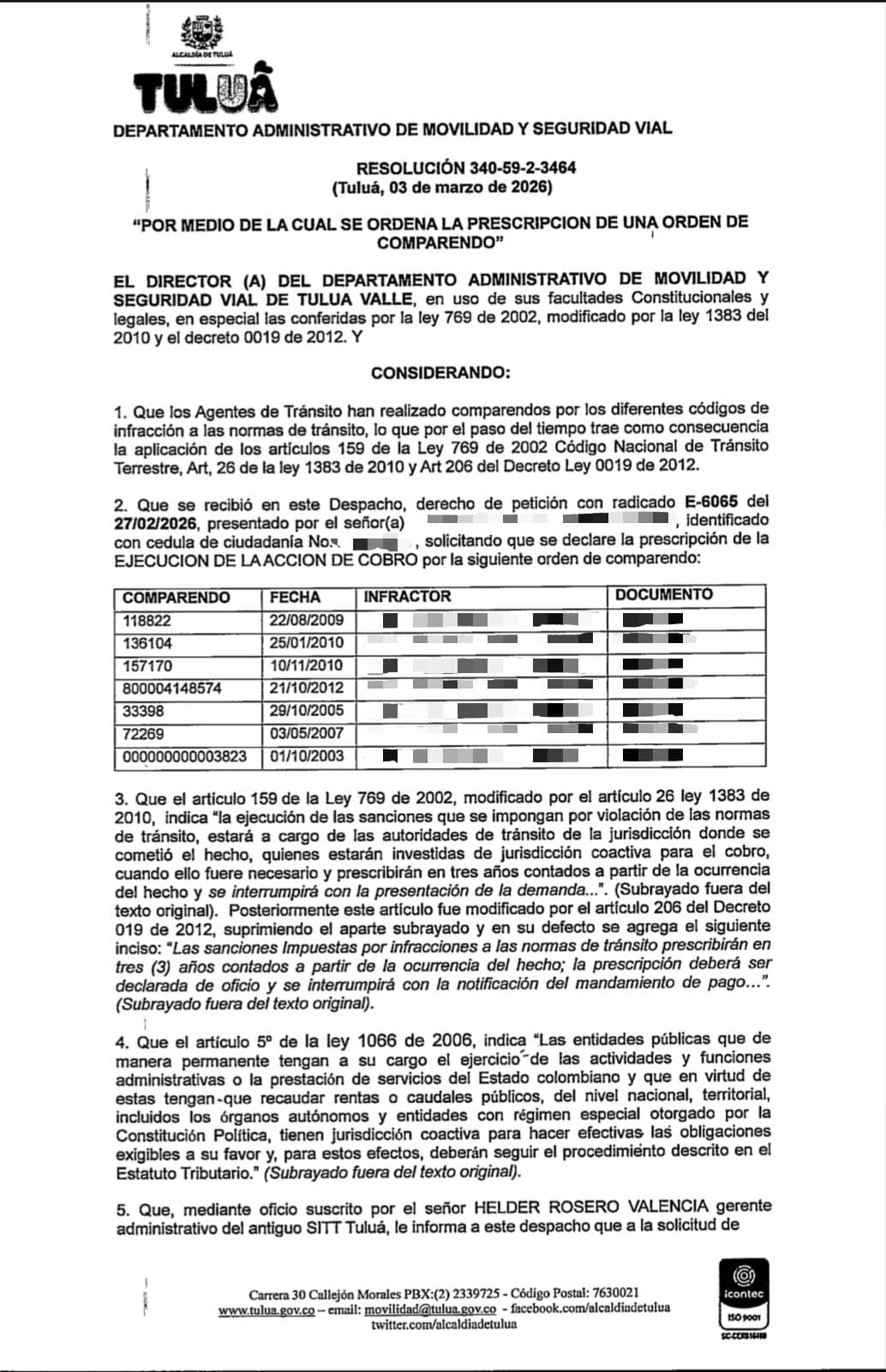 Resolución de prescripción de comparendos — Tuluá, Valle del Cauca